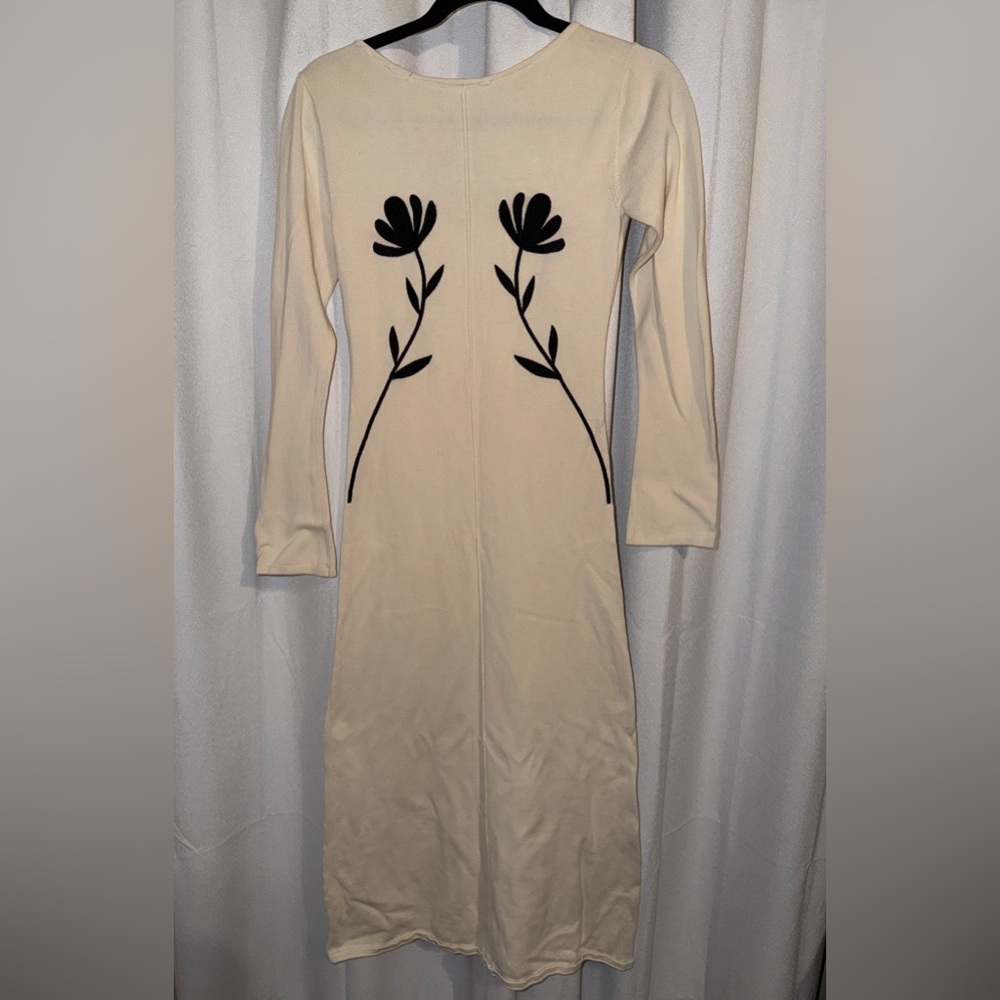 Another Girl Chic Cream Long Sleeve Dress with Black Floral Design - Picture 3 of 7
